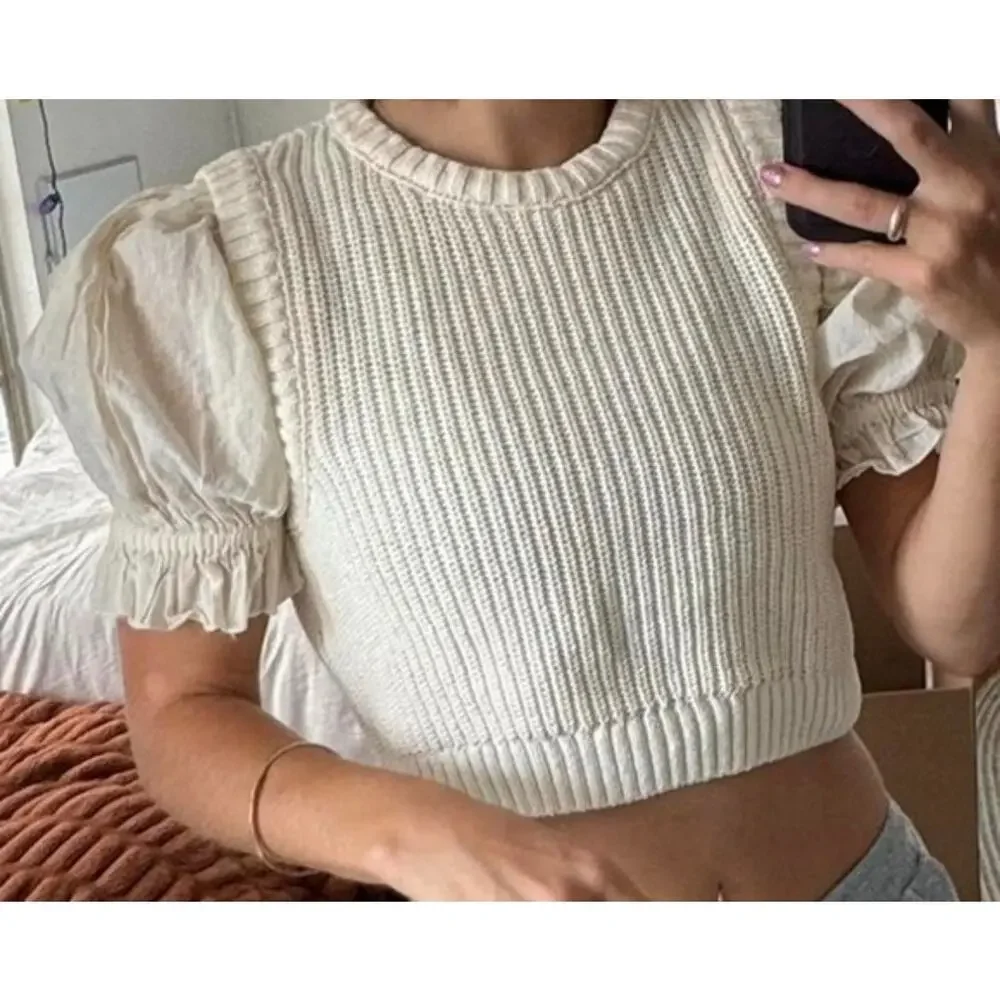 ZARA Mixed Media Ribbed Knit Sweater Vest Puff Sleeve Crop Top Cream S Preppy